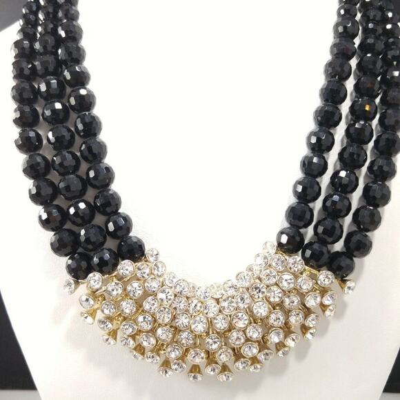 Vintage Rhinestones Black Glass Beaded Necklace, 3 Strands, Signed Talbots, NWTs - Picture 3 of 8